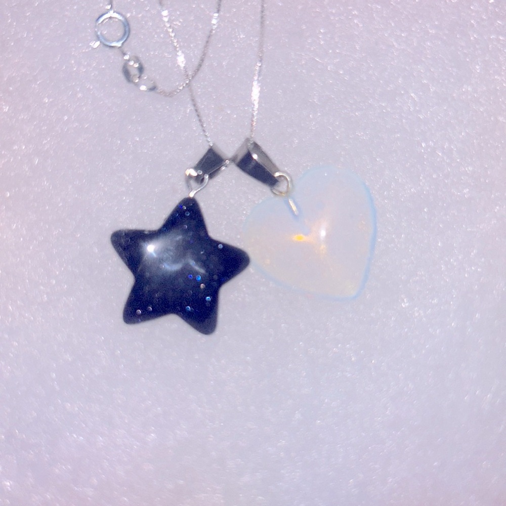 Boho hippie Opal Heart and Blue Goldstone Crystal Star Sterling Silv…